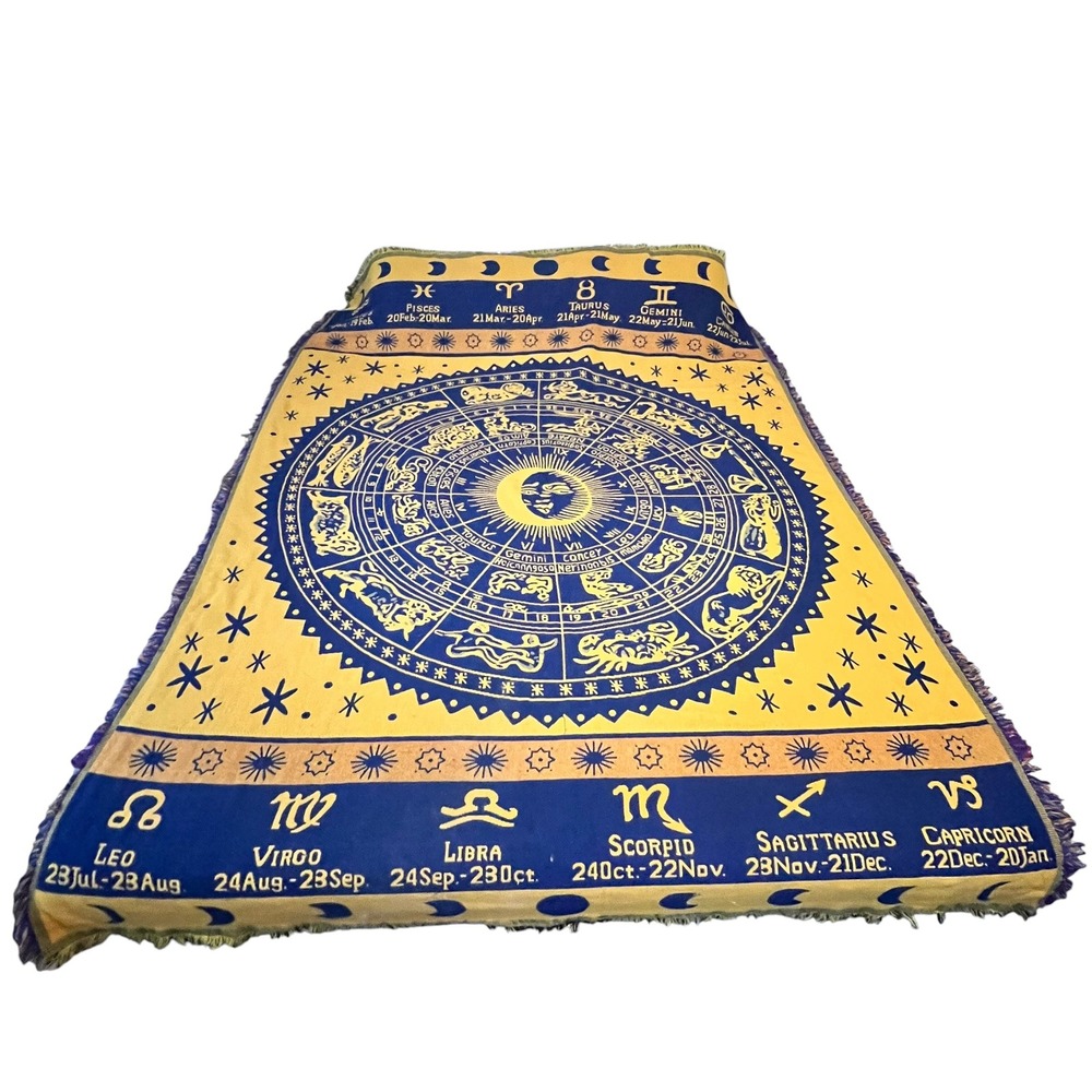 Vintage Woven Zodiac Celestial Tapestry Throw Blanket Blue Gold Astrology Sun